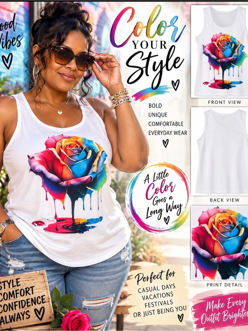 Women’s White Tank Top - Multicolor Dripping Rose Graphic